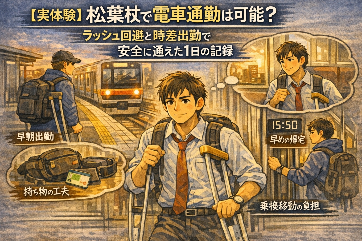 【実体験】松葉杖で電車通勤は可能？ラッシュ回避と時差出勤で安全に通えた1日の記録