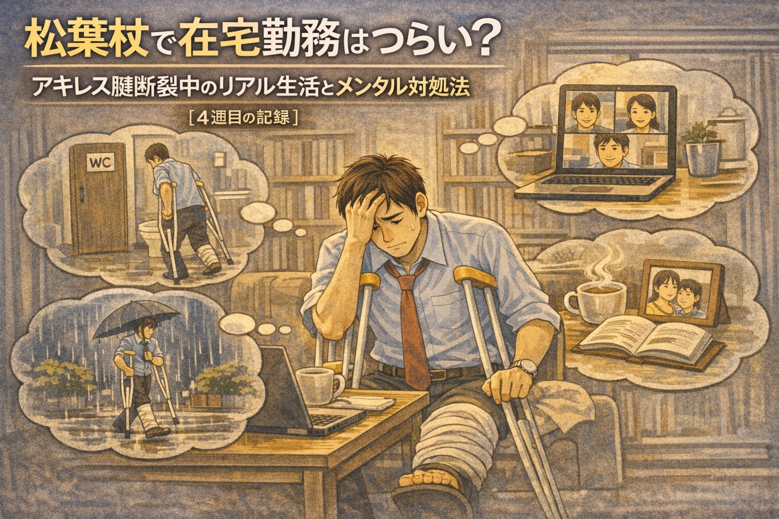 松葉杖で在宅勤務はつらい？アキレス腱断裂中のリアル生活とメンタル対処法【4週目の記録】