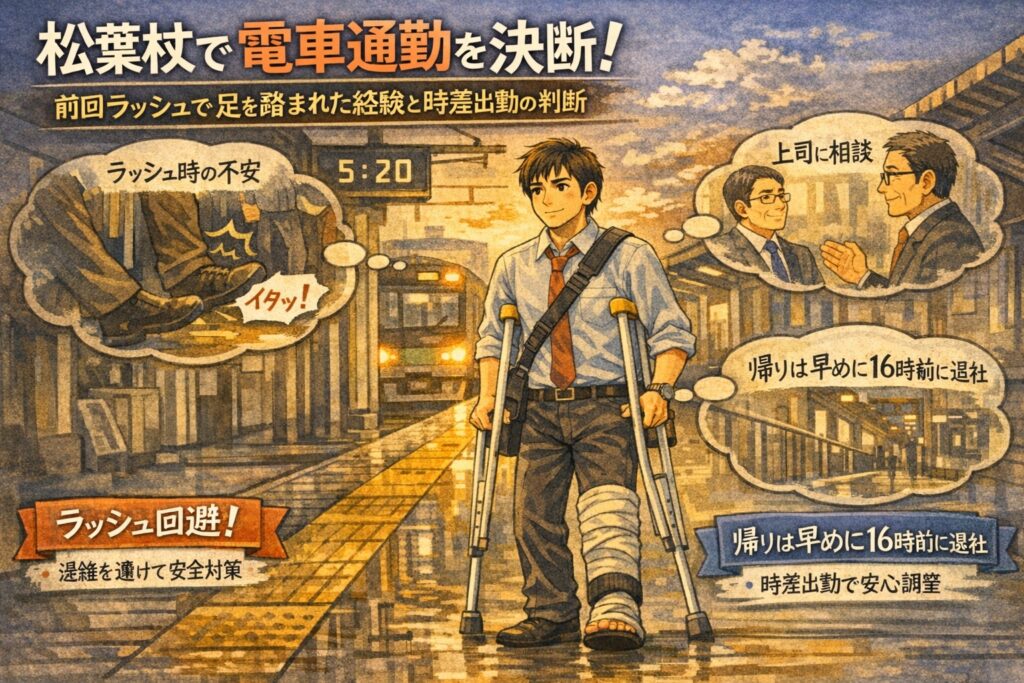 松葉杖で電車通勤を決断｜前回ラッシュで足を踏まれた経験と時差出勤の判断