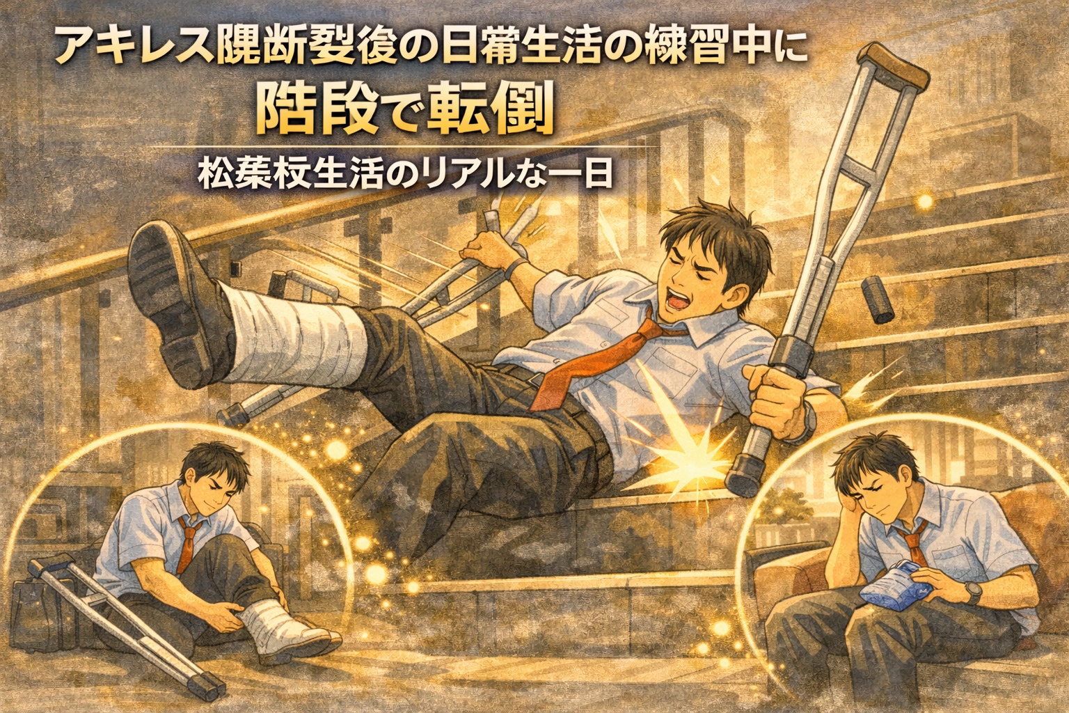 アキレス腱断裂後の日常生活の練習中に階段で転倒｜松葉杖生活のリアルな一日