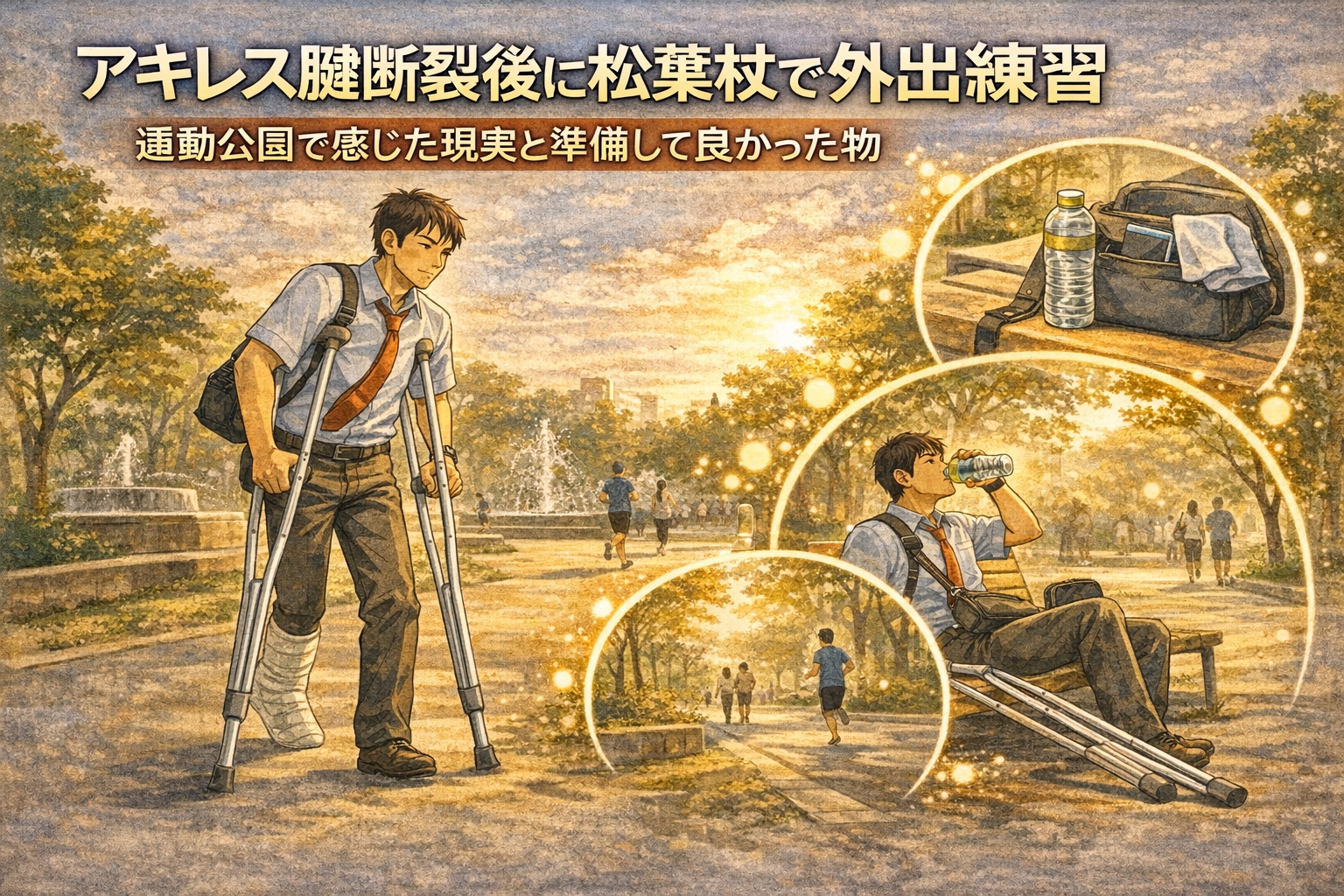 アキレス腱断裂後に松葉杖で外出練習｜運動公園で感じた現実と準備して良かった物