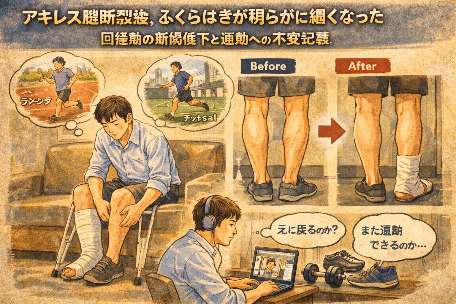 アキレス腱断裂後、ふくらはぎが明らかに細くなった｜回復期の筋肉低下と運動への不安記録