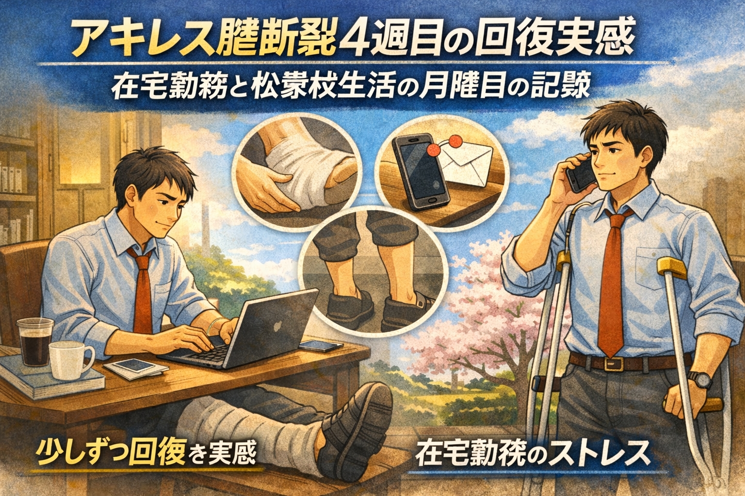 アキレス腱断裂4週目の回復実感｜在宅勤務と松葉杖生活の月曜日の記録