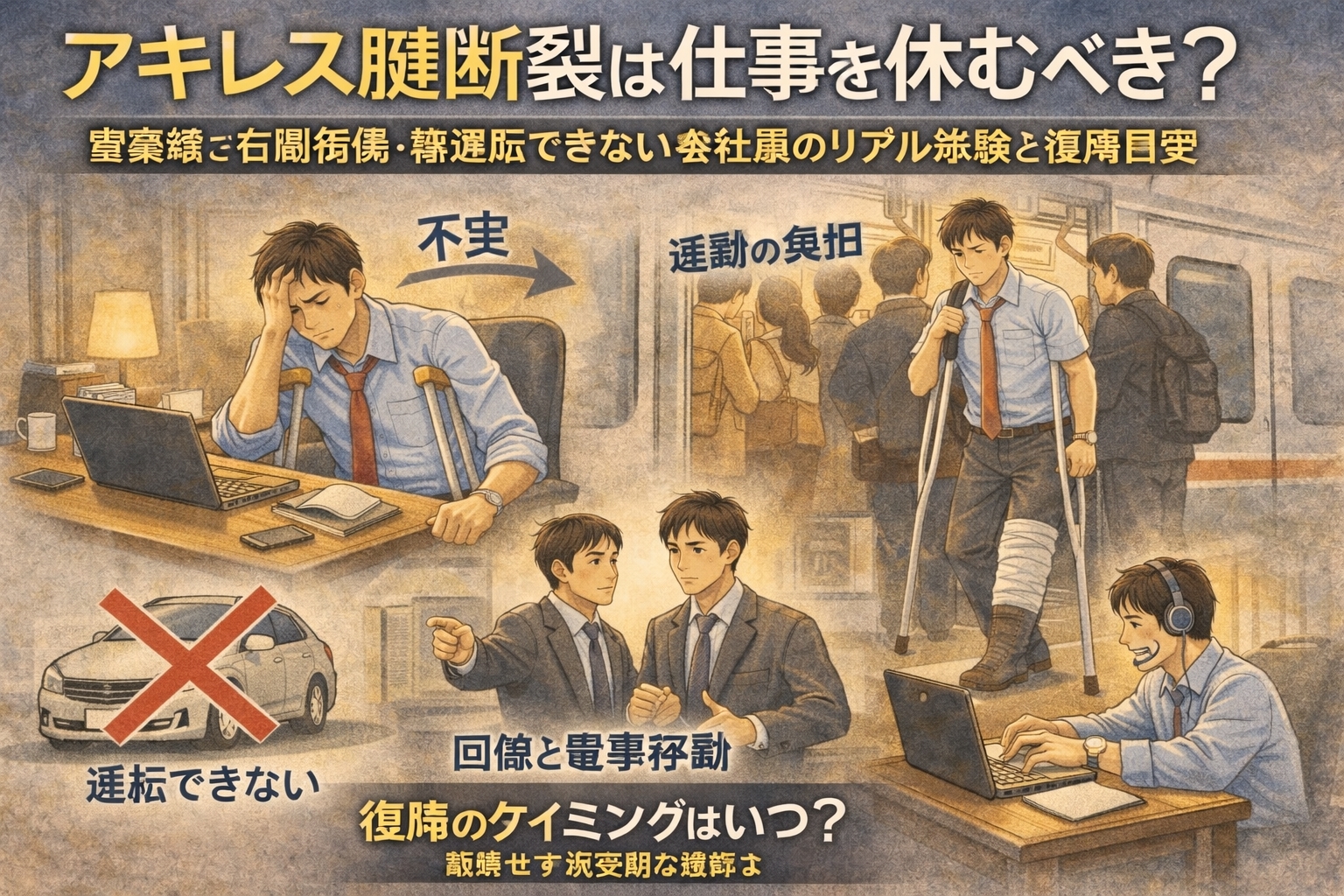 アキレス腱断裂は仕事を休むべき？営業職で右脚負傷・車運転できない会社員のリアル体験と復帰目安