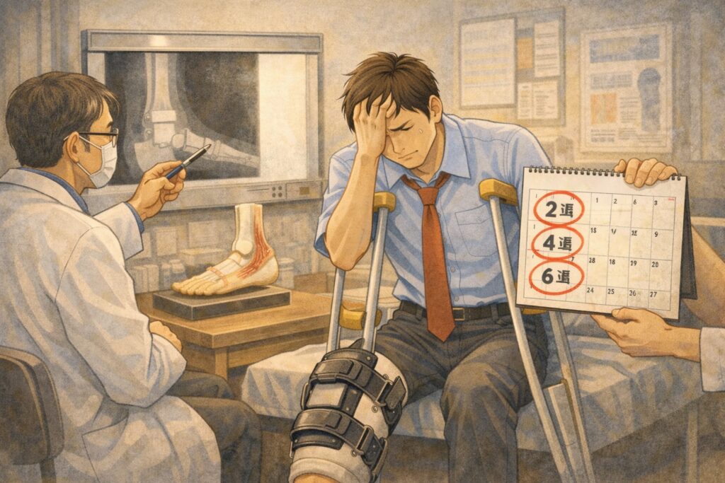 アキレス腱断裂の診察結果｜抜糸と松葉杖6週間・ギブス固定の回復スケジュール
