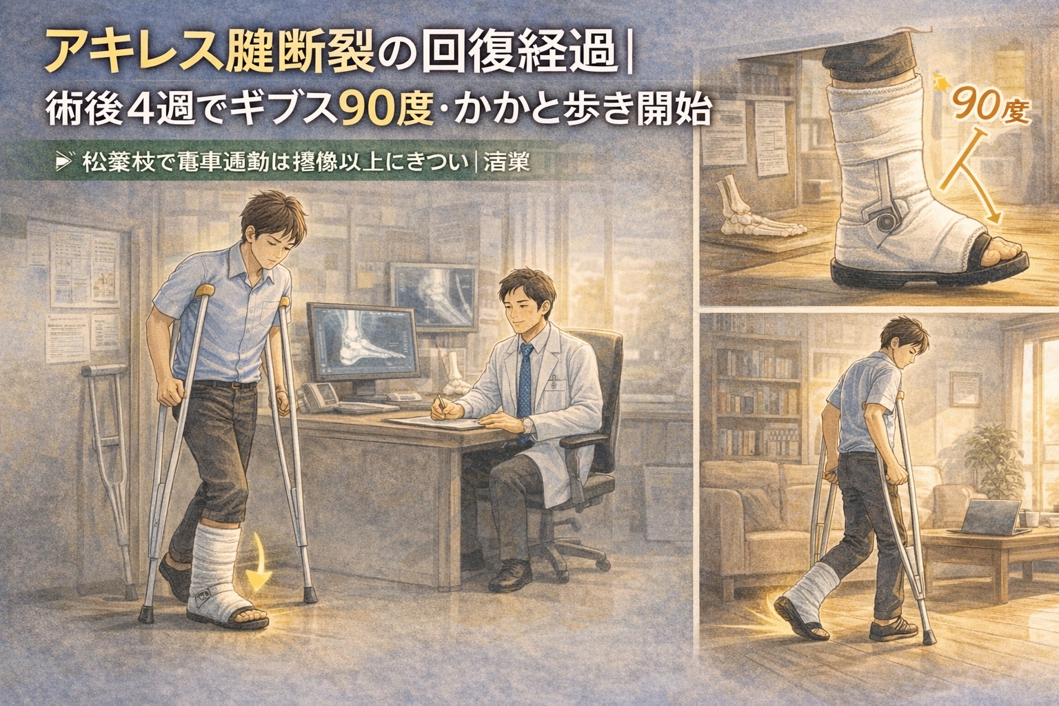 アキレス腱断裂の回復経過｜術後4週でギブス90度・かかと歩き開始【体験ブログ】