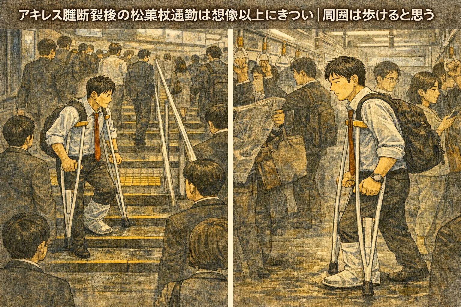アキレス腱断裂後の松葉杖通勤は想像以上にきつい｜周囲は歩けると思うけど実際は違う